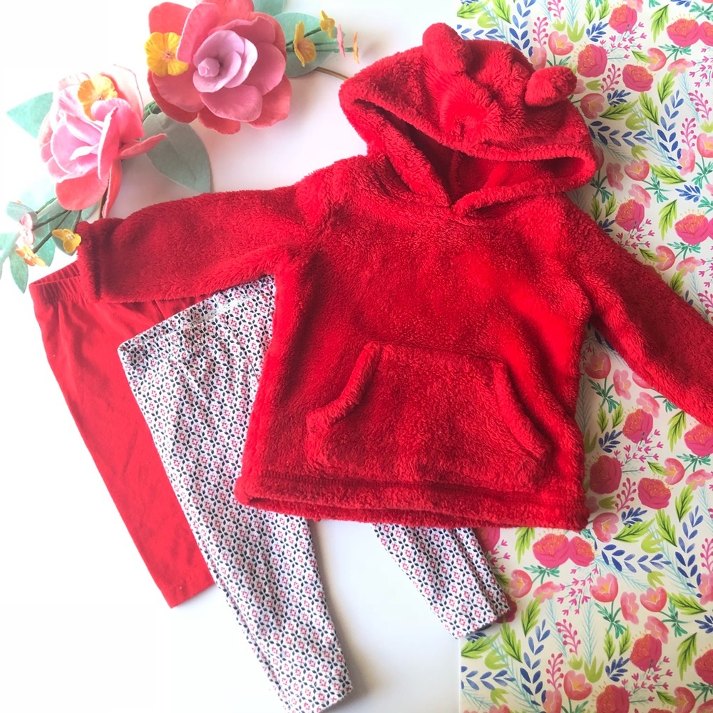 Red Teddy fleece baby girl hoodie and pants set